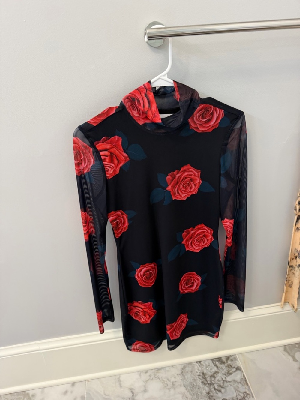 superdown Black Sheer Long Sleeve Dress with Red Rose Print